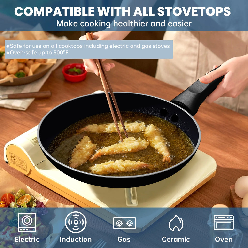 3 PCS Non-Stick Frying Pan Set, 8”, 9.5”, 11” Tri-Ply Skillet with Induction Bottom, Aluminum Cooking Skillet Pans Set, Compatible with All Stovetops (Black)