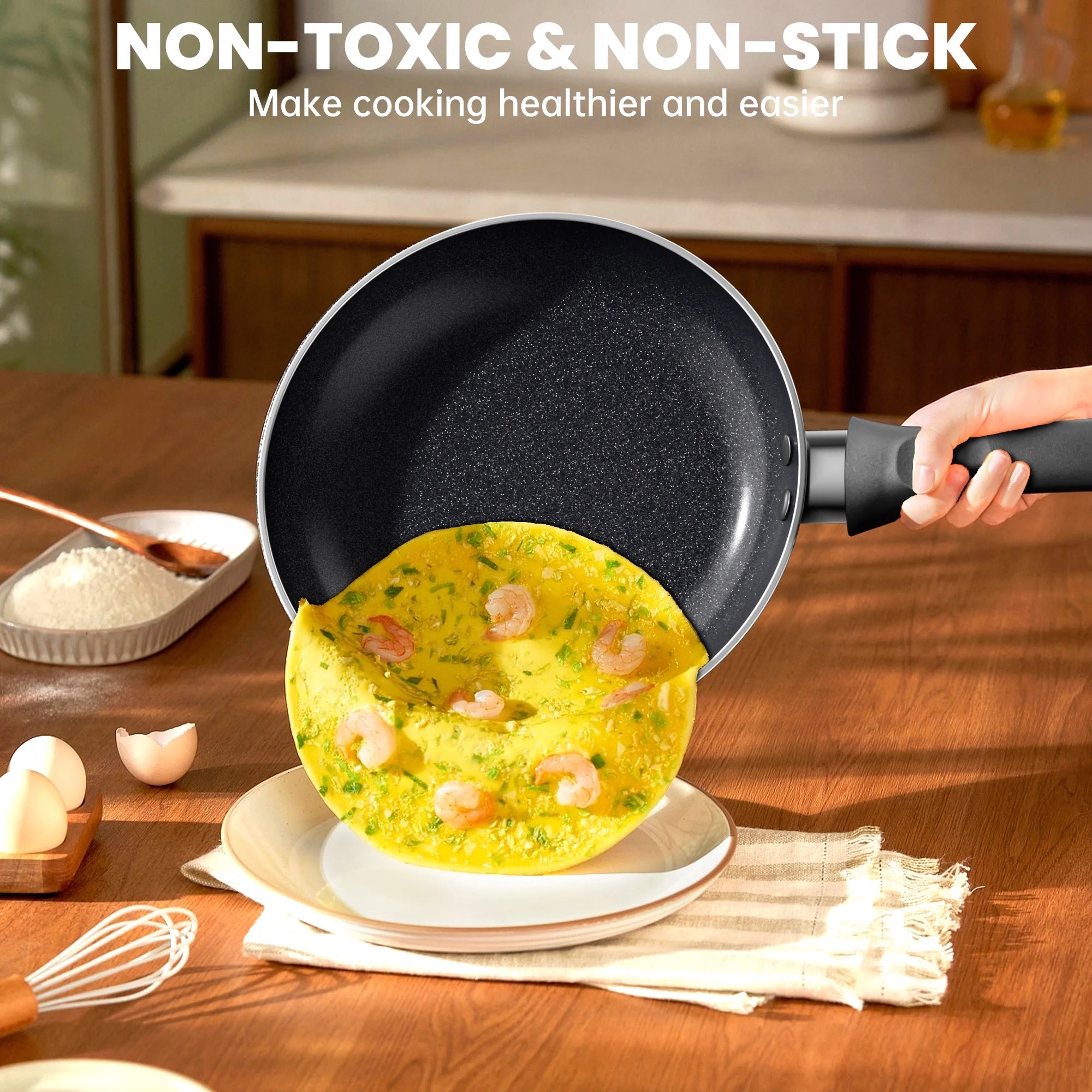 3 PCS Non-Stick Frying Pan Set, 8”, 9.5”, 11” Tri-Ply Skillet with Induction Bottom, Aluminum Cooking Skillet Pans Set, Compatible with All Stovetops (Black)