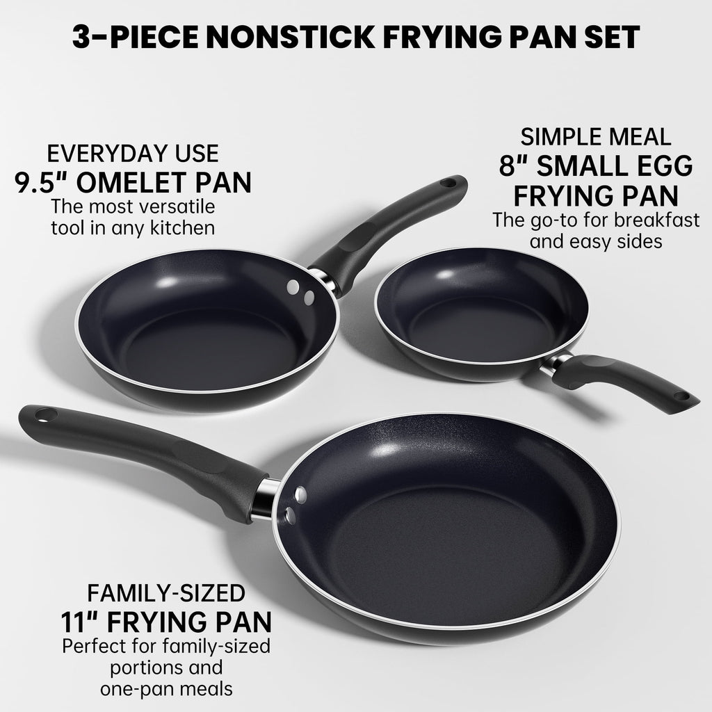 3 PCS Non-Stick Frying Pan Set, 8”, 9.5”, 11” Tri-Ply Skillet with Induction Bottom, Aluminum Cooking Skillet Pans Set, Compatible with All Stovetops (Black)